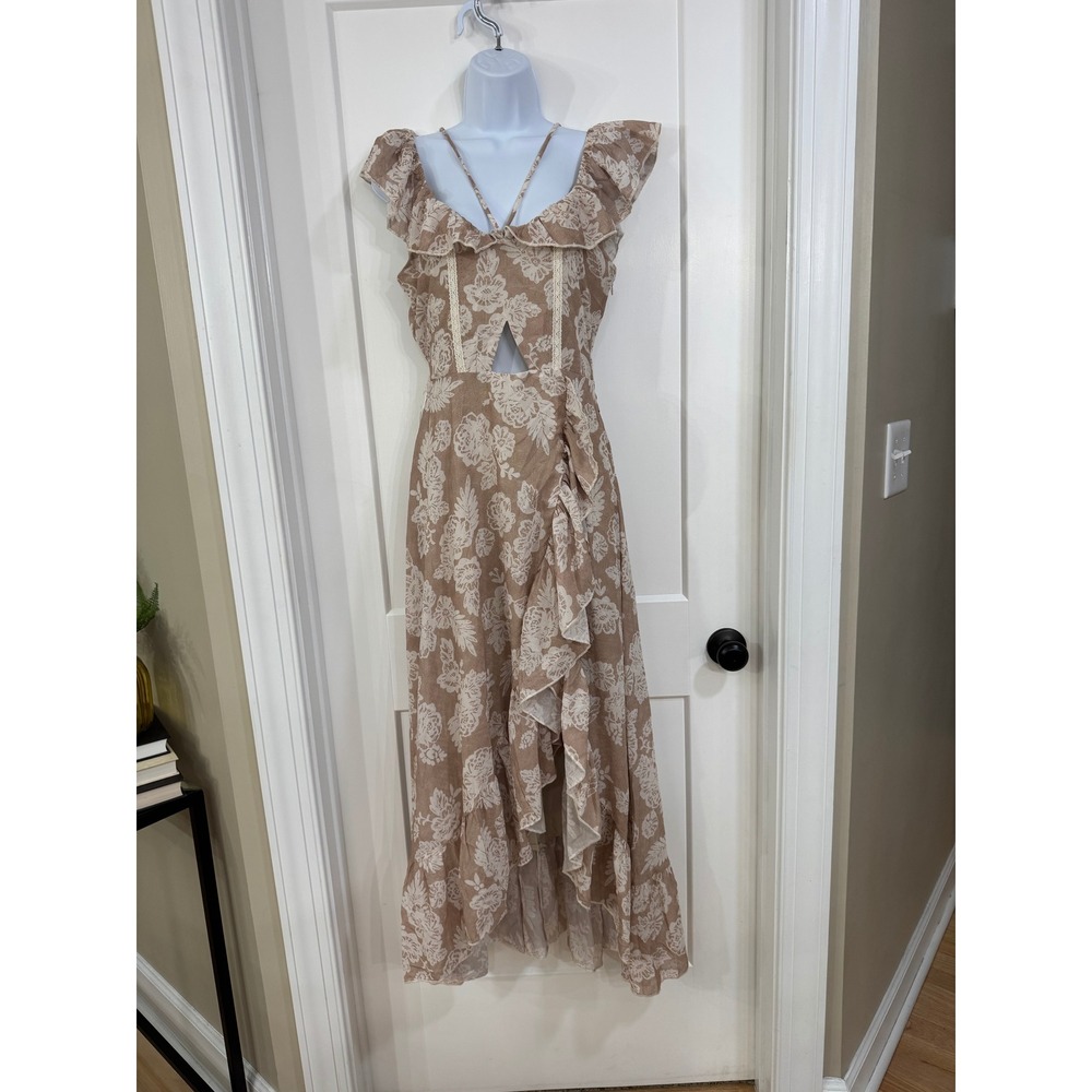 Joyfolie Women Tan Floral Lace Ruffle High-Low Maxi Dress Cutout Size Small NEW